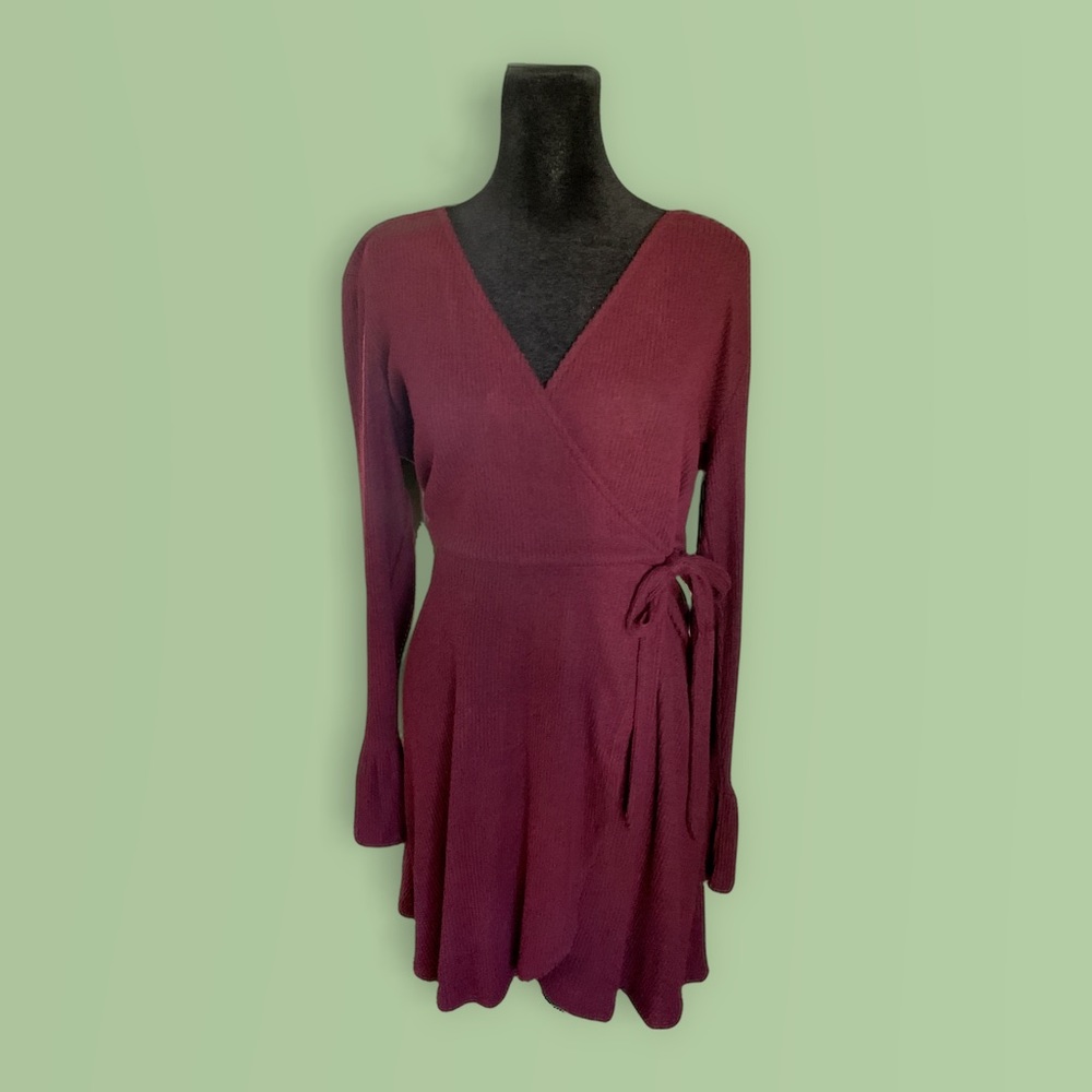 NEW for FALL! Faux Wrap Ribbed Sweater Dress Burgundy Heather M Day to Night!